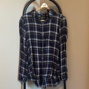 Karen Kane Blue Plaid Button Down Shirt hi-lo fringe bottom